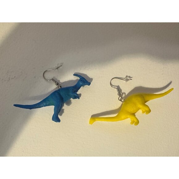 Dinosaur Earrings Mismatched T Rex Parasaurolophus Fun Novelty Statement Jewelry - Picture 2 of 2